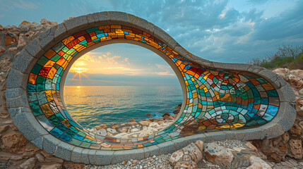  Mosaic Window Overlooking Calm Seaside Sunset