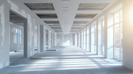 Fototapeta premium A long, empty corridor with lots of natural light and shadows.