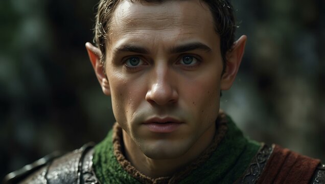 Close-up of an elf warrior's determined face with striking features and a flowing cloak.