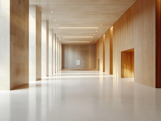 Obraz premium A modern, minimalist interior corridor featuring concrete floors and wooden wall panels, with a large open space for industrial style.