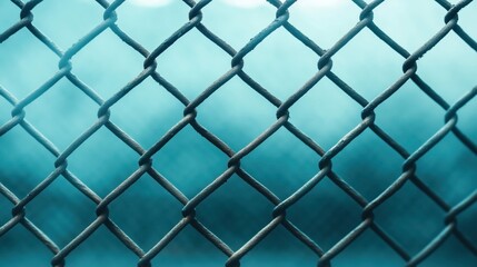 Fototapeta premium Close-up of a chain-link fence with a blurred blue sky in the background, showcasing the texture and pattern of interwoven metal wires.