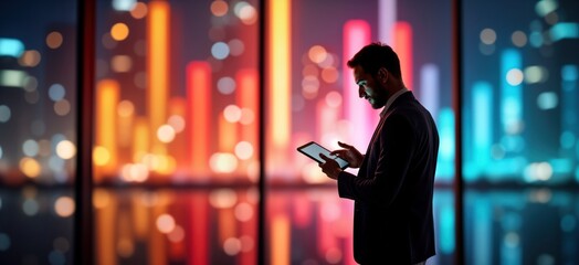 Businessman uses tablet in city. Night scene. Modern tech executive works. Concentrated on device. Colorful city lights reflect in window. Busy professional. Night work. Corporate lifestyle.