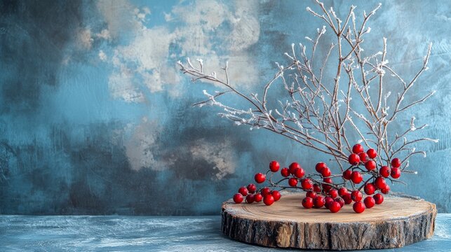 A rustic scene with frosted twigs and berries on a wood slice.