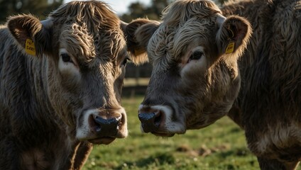 Fototapeta premium Close-up of Angus and Murray Grey cows grazing.