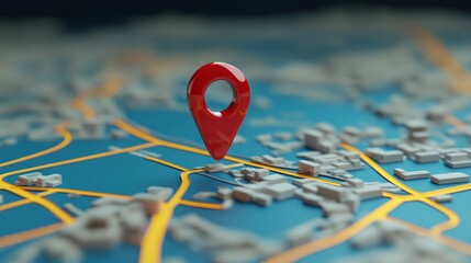 A red GPS pin marker over a digital map with a vibrant blue background.


