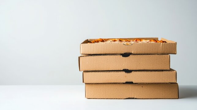 Tower of pizza boxes in a stack, their contents hidden inside.