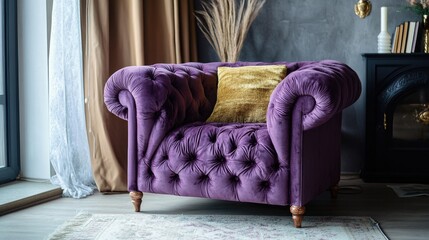 Luxury living room furniture. Soft, plush purple accent chair with gold accents.