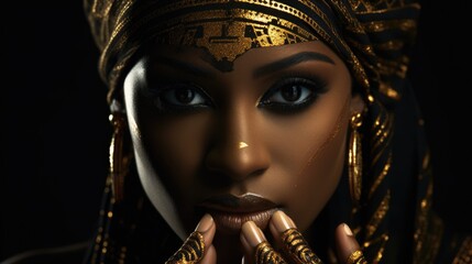 Egyptian queen portrait with royal attire, makeup, and regal expression.