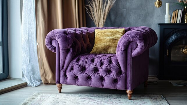 Luxury living room furniture. Soft, plush purple accent chair with gold accents.