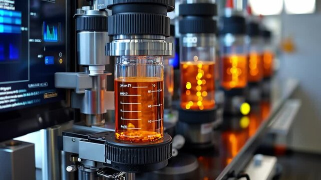 Laboratory equipment displaying orange liquid in glass containers during a scientific experiment