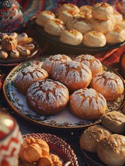 Plate of pastries with powdered sugar on top. The plate is on a table with other plates of food