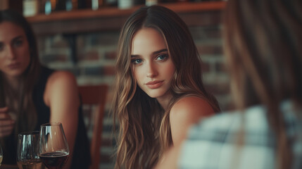 An Awkward Girl Sitting with Friends in a Bar, Light and Bright