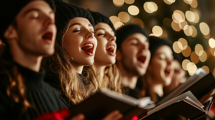 Photo of a Choir Singing Christmas Carols in a Shopping Mall Outside a Store