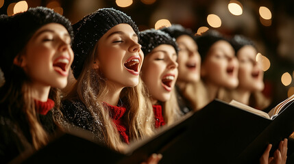 Fototapeta premium Photo of a Choir Singing Christmas Carols in a Shopping Mall Outside a Store