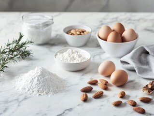 Fototapeta premium Various baking ingredients on table: sugar, flour, eggs, almonds, pine needles.