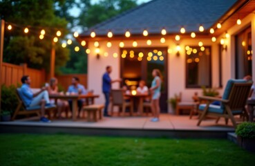Family, friends enjoy evening barbecue party on backyard terrace. Festive lights create warm atmosphere. People socialize, dine, relax. Summer weekend gathering. Outdoor space decorated for summer