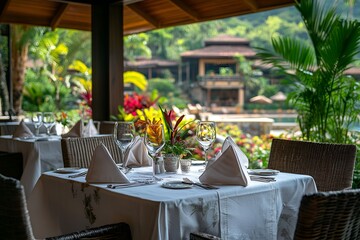 Fototapeta premium Elegant outdoor dining setup in a lush tropical garden with white tablecloths