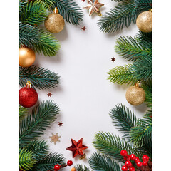 Christmas Branches Border with Christmas Decorations on white wallpaper background