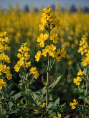 Fototapeta premium Close-up of blooming rapeseed flowers in a field.