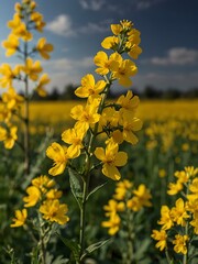 Fototapeta premium Close-up of blooming rapeseed flowers in a field.