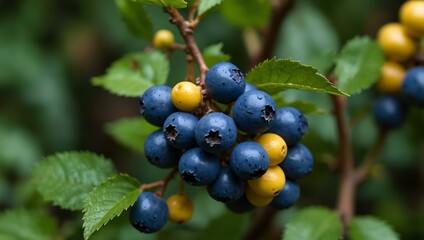 Close-up of blue and yellow berries on a green bush.