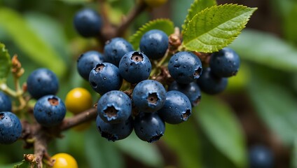 Close-up of blue and yellow berries on a green bush.1