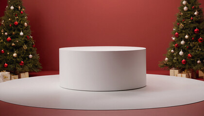 Minimalist Display Stage Surrounded by Festive Christmas Trees