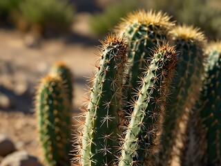Obraz premium Close-up of cactus spines in a desert setting.