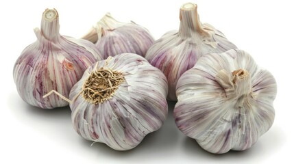 Obraz premium photograph of Educational image of garlic bulbs highlighting allicin content, isolated on white, showcasing immune and heart health benefits, studio lighting wide angle lens