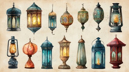 Obraz premium Ramadan lantern set. Islamic lamp. Hand drawn sketch vintage vector illustration