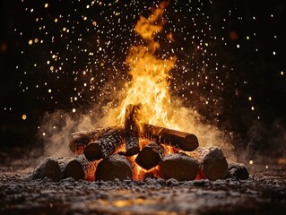 Naklejka premium Flames dance as sparks fly into the air, illuminating the dark surroundings in a tranquil outdoor setting
