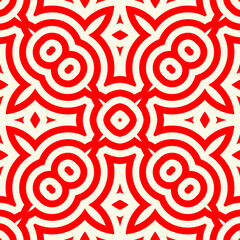 Circles, crosses, rhombuses ornament. Seamless linear pattern. Abstract background. Rings, diamonds vector. Geometric illustration. Ethnic wallpaper. Mosaic motif. Embroidery backdrop.