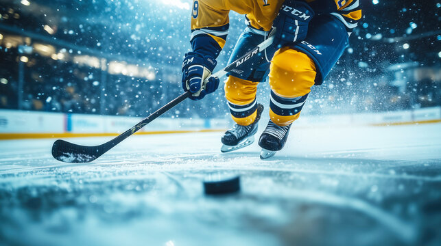 Hockey player skating and handling puck during intense match