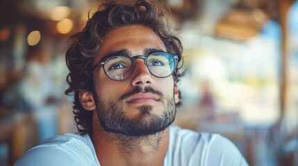 Obraz premium A young man with curly hair wearing glasses reflects while enjoying his time in a cafe