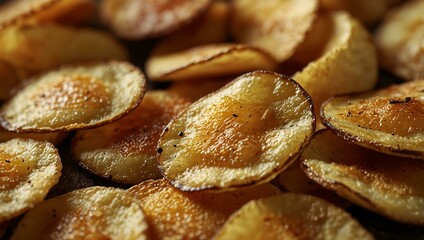 Fototapeta premium Close-up of crispy potato chips with warm hues and textures.