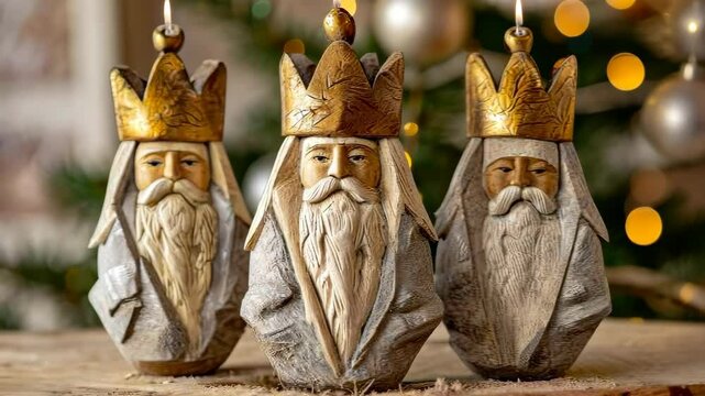 Three Kings Day or Epiphany winter religious holiday background. Carved wooden figurines of kings with golden crowns against a blurred backdrop. Toys bauble for decorating Christmas tree.