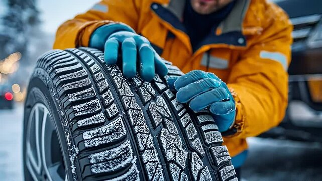 In a snowy environment, a man inspects the tread of a winter tire while wearing blue gloves and an orange jacket. Ensuring the tire's condition is crucial for safe winter drivngi