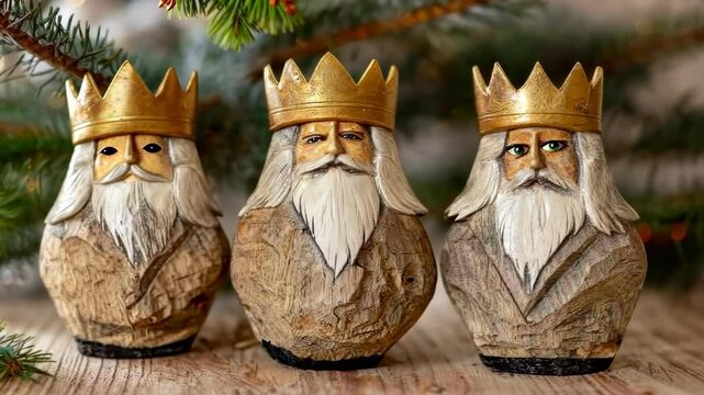 Three Kings Day or Epiphany holiday background. Three wooden king figurines with golden crowns set against a festive backdrop.