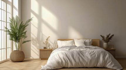 Fototapeta premium Light-filled bedroom features simple decor and cozy natural touches.