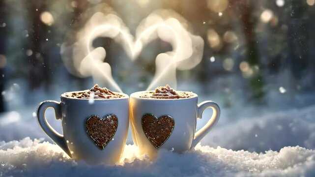Two mugs with heart designs in the snow, steam on a wintry day. Valentines day background. Panorama with copy space.