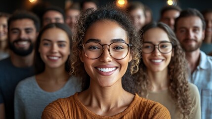 Fototapeta premium A group of cheerful people stands closely together, showcasing friendship and unity in a lively atmosphere