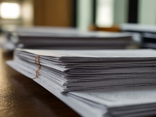 Close-up of documents on a desk in an office.
