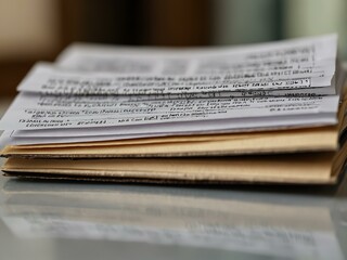 Close-up of documents stacked on an office desk with a blurred background.