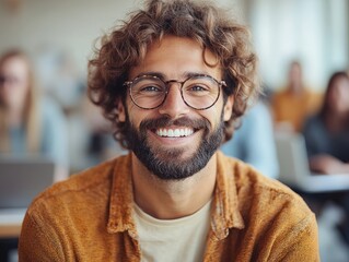 Bright smile from a young man in a cozy classroom filled with attentive students during a learning session