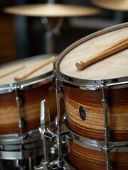 Obraz premium Close-up of drums and drumsticks in sequential order.