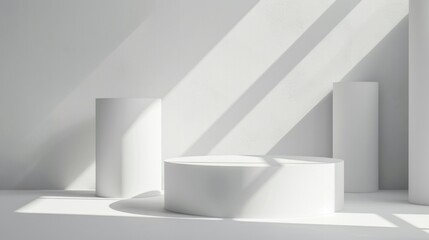 photograph of Elegant abstract set of white podiums in sunlight with shadow on white background for product display ,Simple modern geometric design,3d luxury white podium for your luxury product