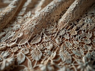 Close-up of elegant lace fabric with intricate floral details.