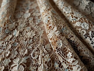 Close-up of elegant lace fabric with intricate floral details.