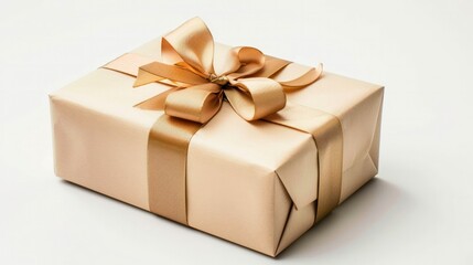 Fototapeta premium photograph of Elegantly wrapped gift box ,presented against a clean white background,Beige gift box with gold ribbon on white background,Gift box with wrap,Gift box on a white background