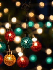Close-up of festive lights and decorations with a joyful atmosphere.